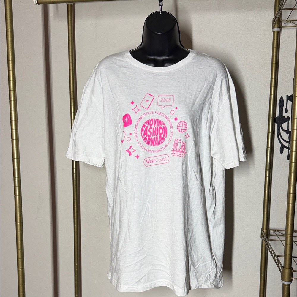 Tshirt. Poshmark. Pink and white. Size: Large. NWOT